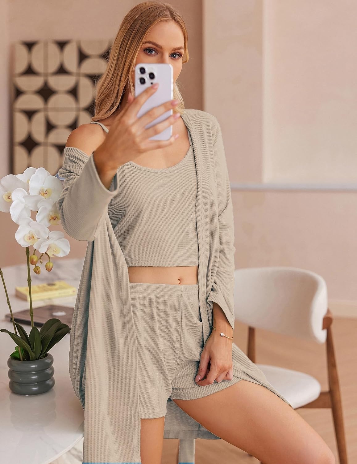 image:imageEkouaer Pajamas for Women Set 3 Piece Soft Waffle Knit Loungewear OutfitKhaki