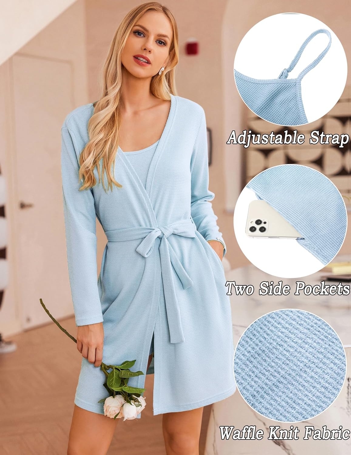 image:imageEkouaer Pajamas for Women Set 3 Piece Soft Waffle Knit Loungewear OutfitLight Blue