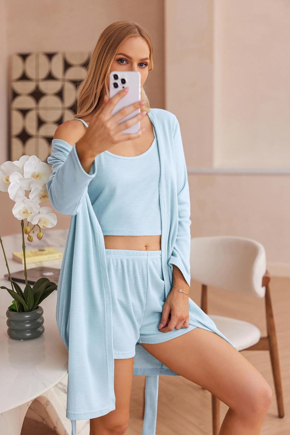 image:imageEkouaer Pajamas for Women Set 3 Piece Soft Waffle Knit Loungewear OutfitLight Blue