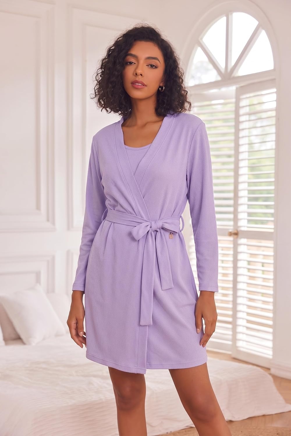 image:imageEkouaer Pajamas for Women Set 3 Piece Soft Waffle Knit Loungewear OutfitLight Purple