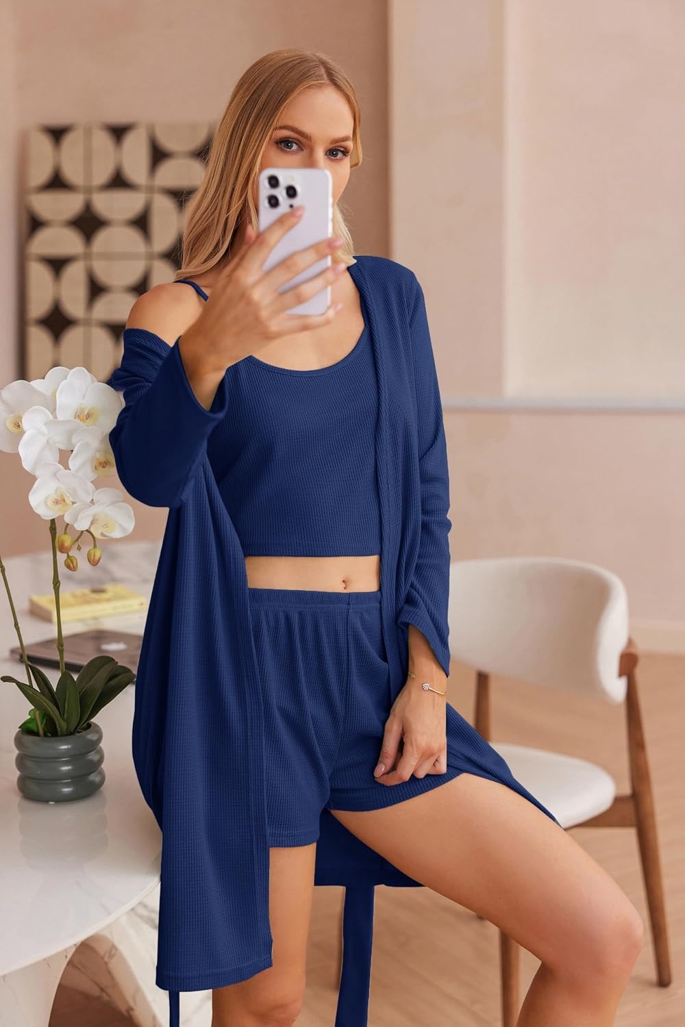 image:imageEkouaer Pajamas for Women Set 3 Piece Soft Waffle Knit Loungewear OutfitNavy Blue