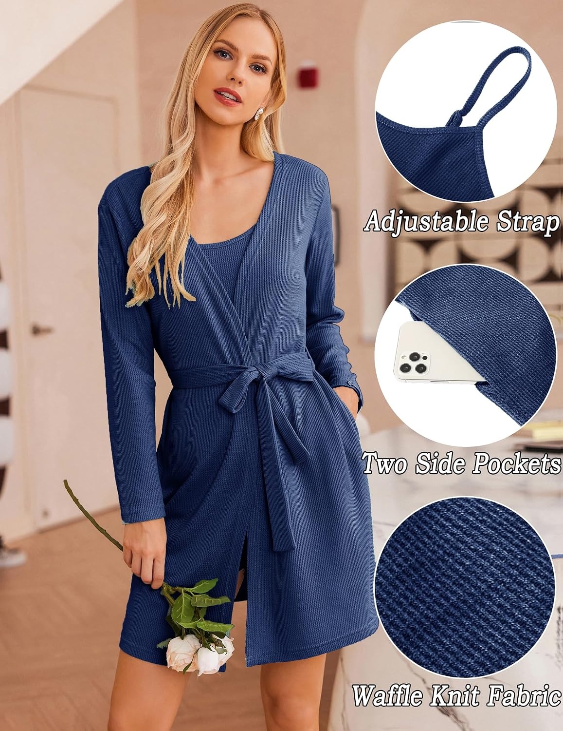 image:imageEkouaer Pajamas for Women Set 3 Piece Soft Waffle Knit Loungewear OutfitNavy Blue