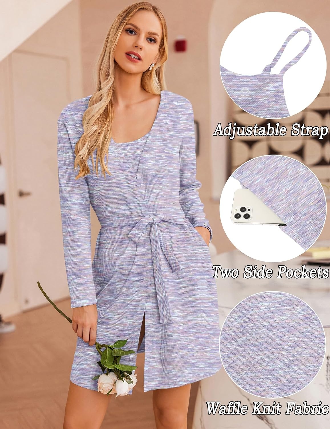 image:imageEkouaer Pajamas for Women Set 3 Piece Soft Waffle Knit Loungewear OutfitPurple Tie Dye