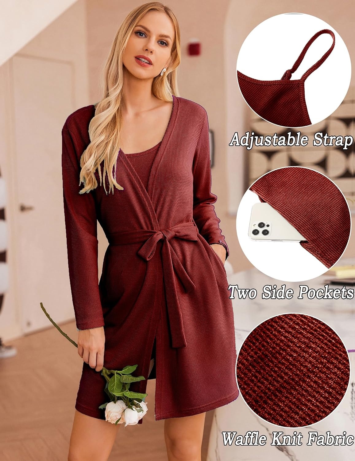 image:imageEkouaer Pajamas for Women Set 3 Piece Soft Waffle Knit Loungewear OutfitWine Red