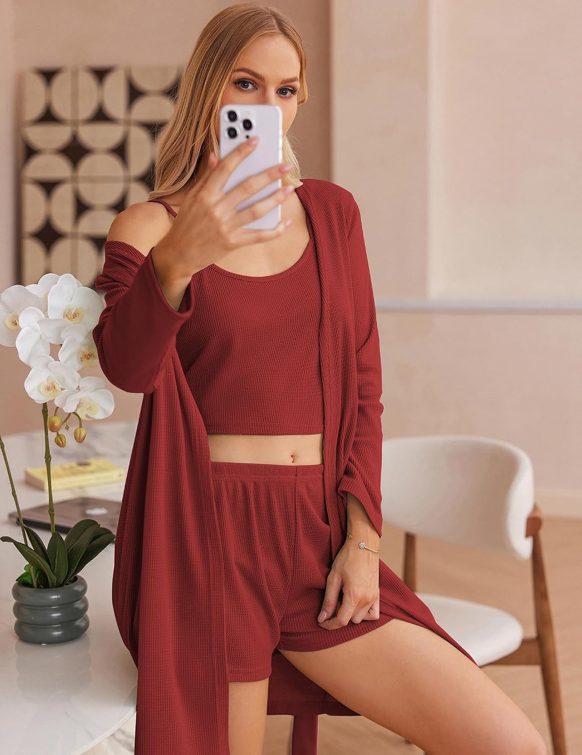 image:imageEkouaer Pajamas for Women Set 3 Piece Soft Waffle Knit Loungewear OutfitWine Red