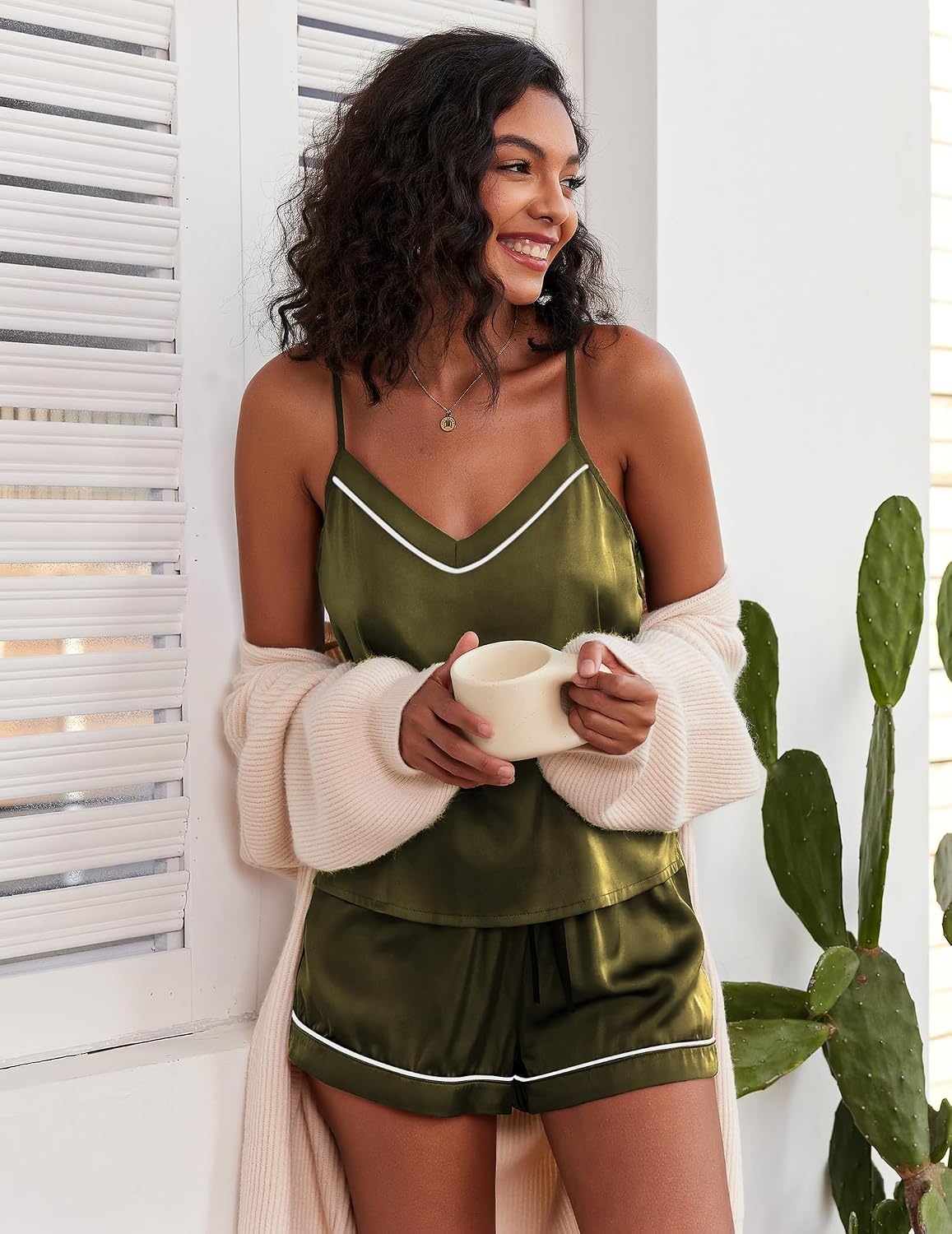 image:imageEkouaer Pajamas for Women Set Silk Satin Pjs Sexy Lingerie SleepwearArmy Green