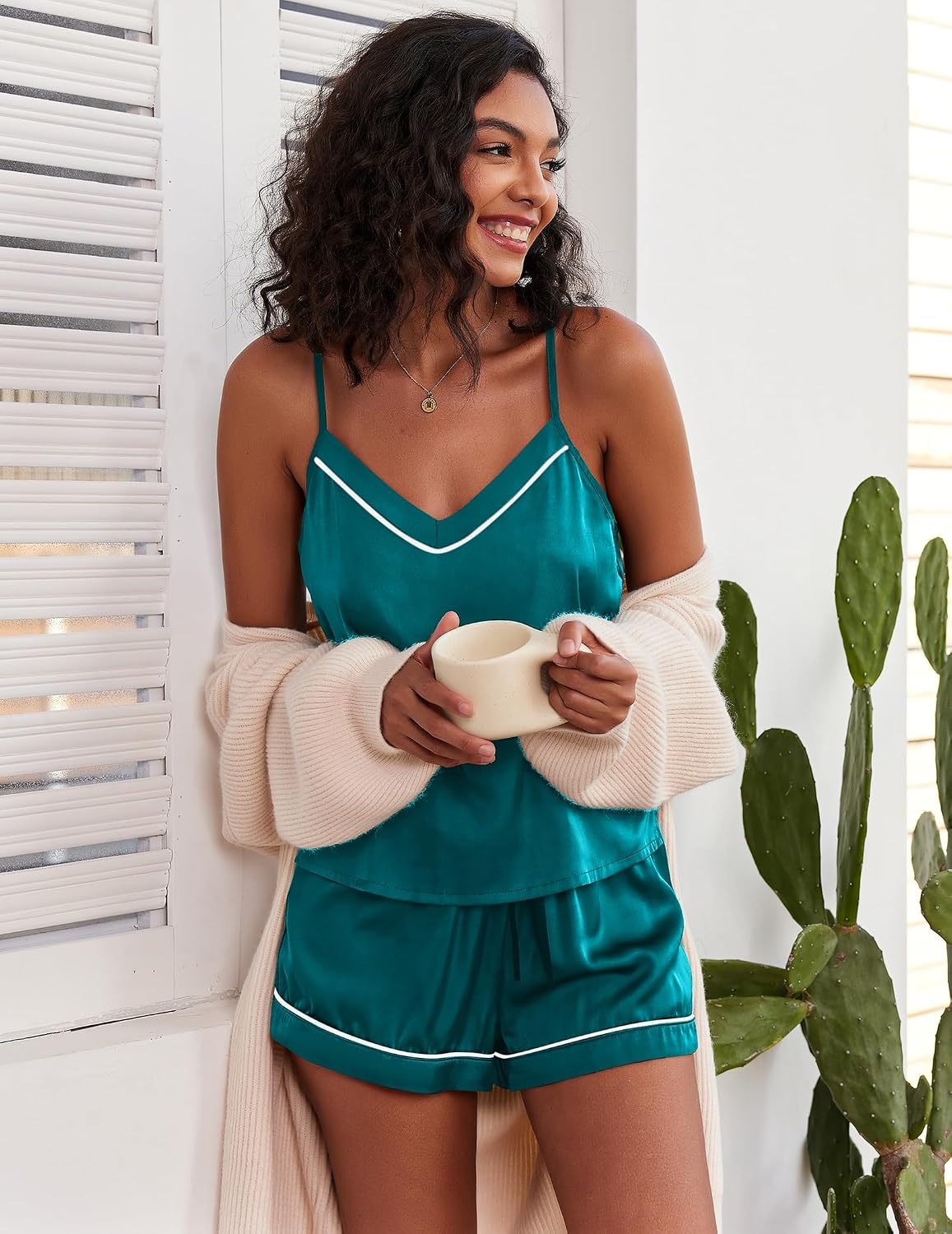 image:imageEkouaer Pajamas for Women Set Silk Satin Pjs Sexy Lingerie SleepwearBeacock Blue