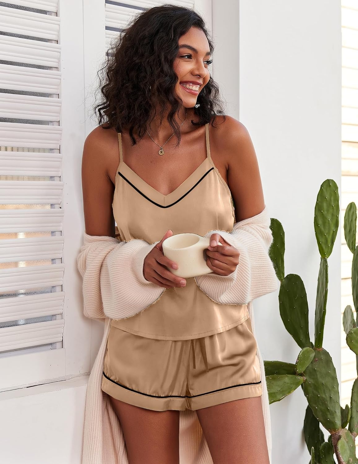 image:imageEkouaer Pajamas for Women Set Silk Satin Pjs Sexy Lingerie SleepwearBeige