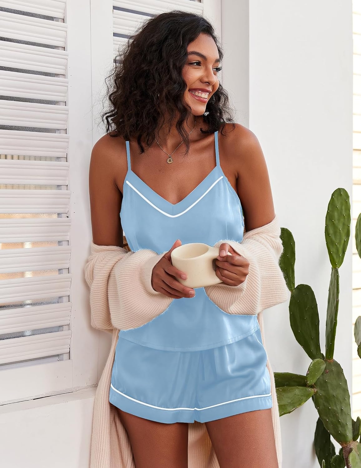 image:imageEkouaer Pajamas for Women Set Silk Satin Pjs Sexy Lingerie SleepwearLight Blue