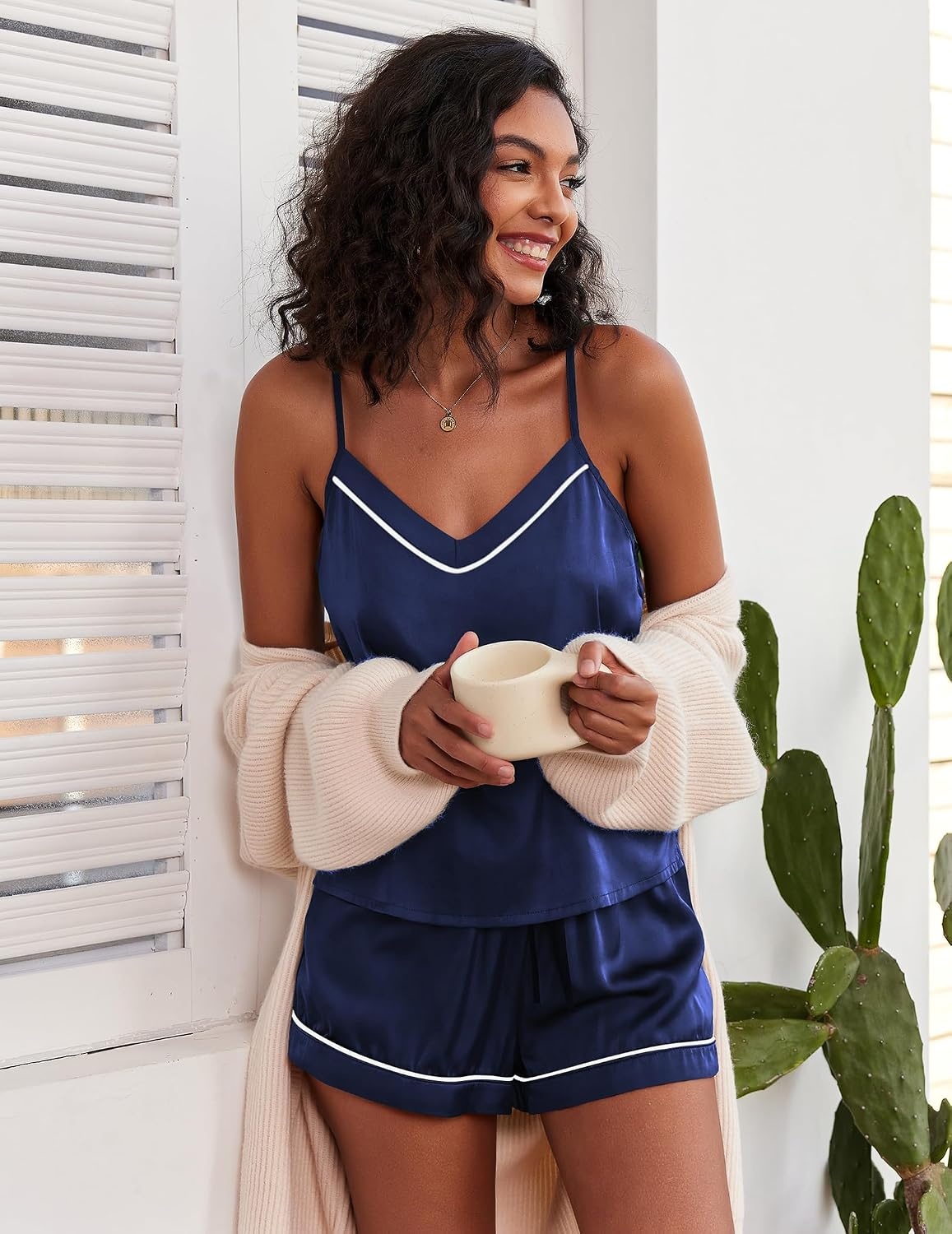 image:imageEkouaer Pajamas for Women Set Silk Satin Pjs Sexy Lingerie SleepwearNavy
