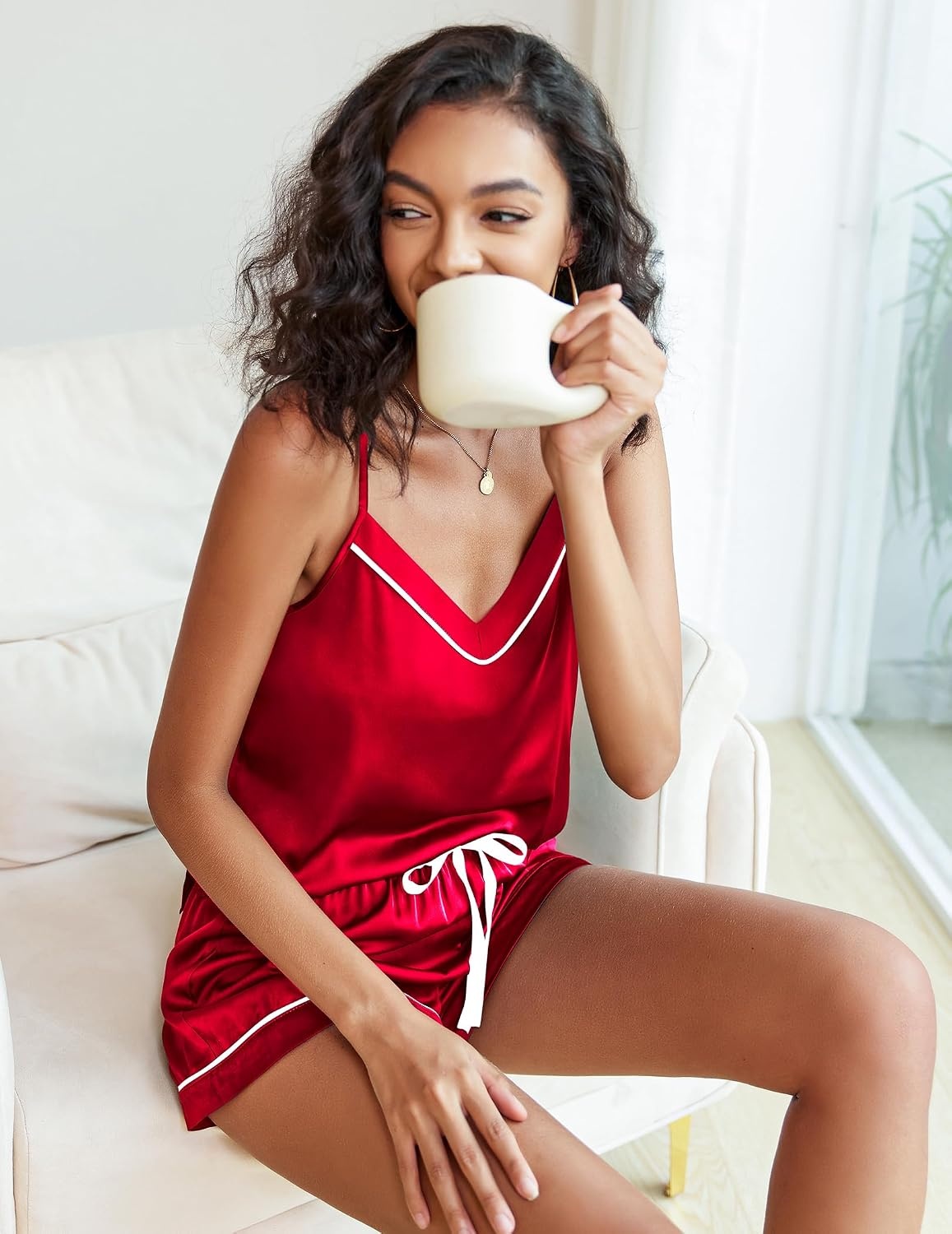image:imageEkouaer Pajamas for Women Set Silk Satin Pjs Sexy Lingerie SleepwearRed