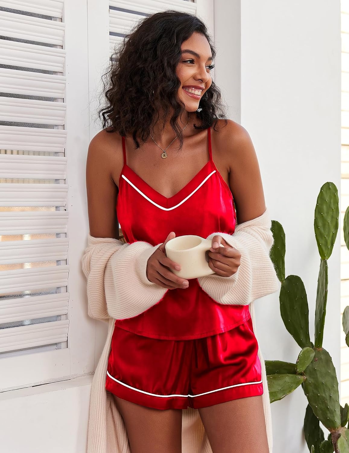 image:imageEkouaer Pajamas for Women Set Silk Satin Pjs Sexy Lingerie SleepwearRed