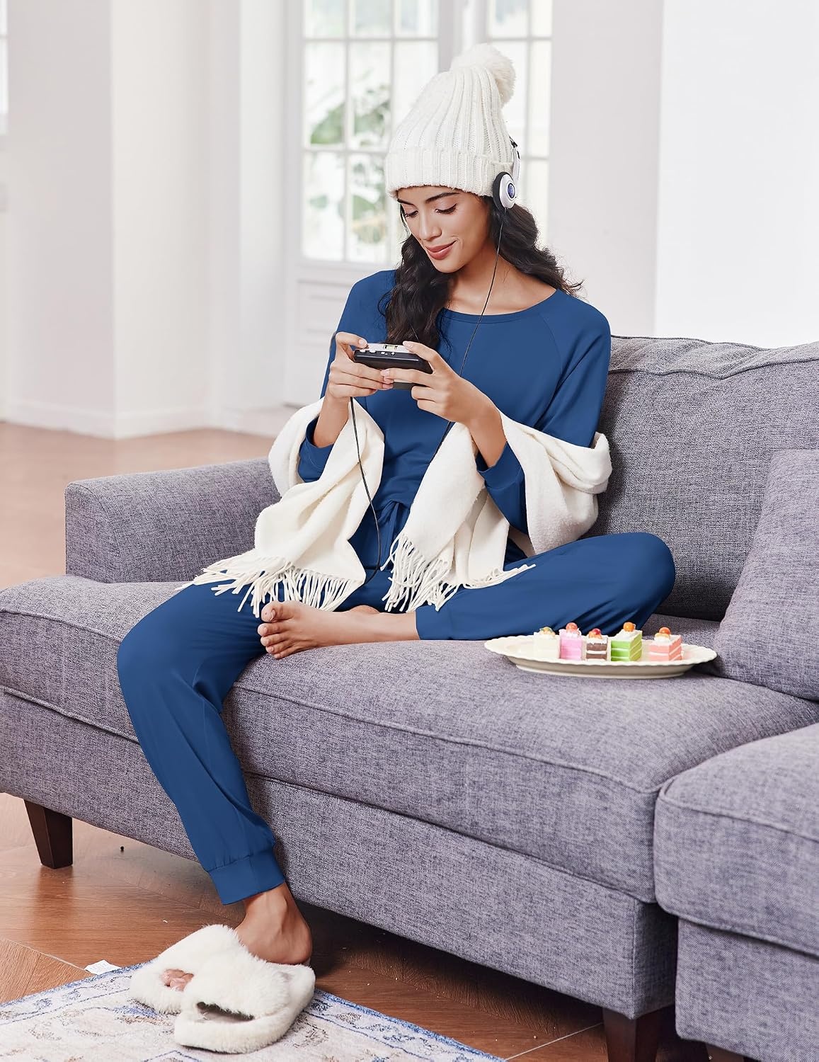image:imageEkouaer Pajamas for Women Set Soft Lounge Sets 2 Piece Pj Sets with PocketsNavy Blue