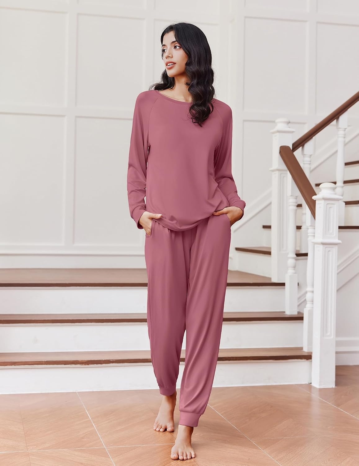 image:imageEkouaer Pajamas for Women Set Soft Lounge Sets 2 Piece Pj Sets with PocketsPale Violet Red