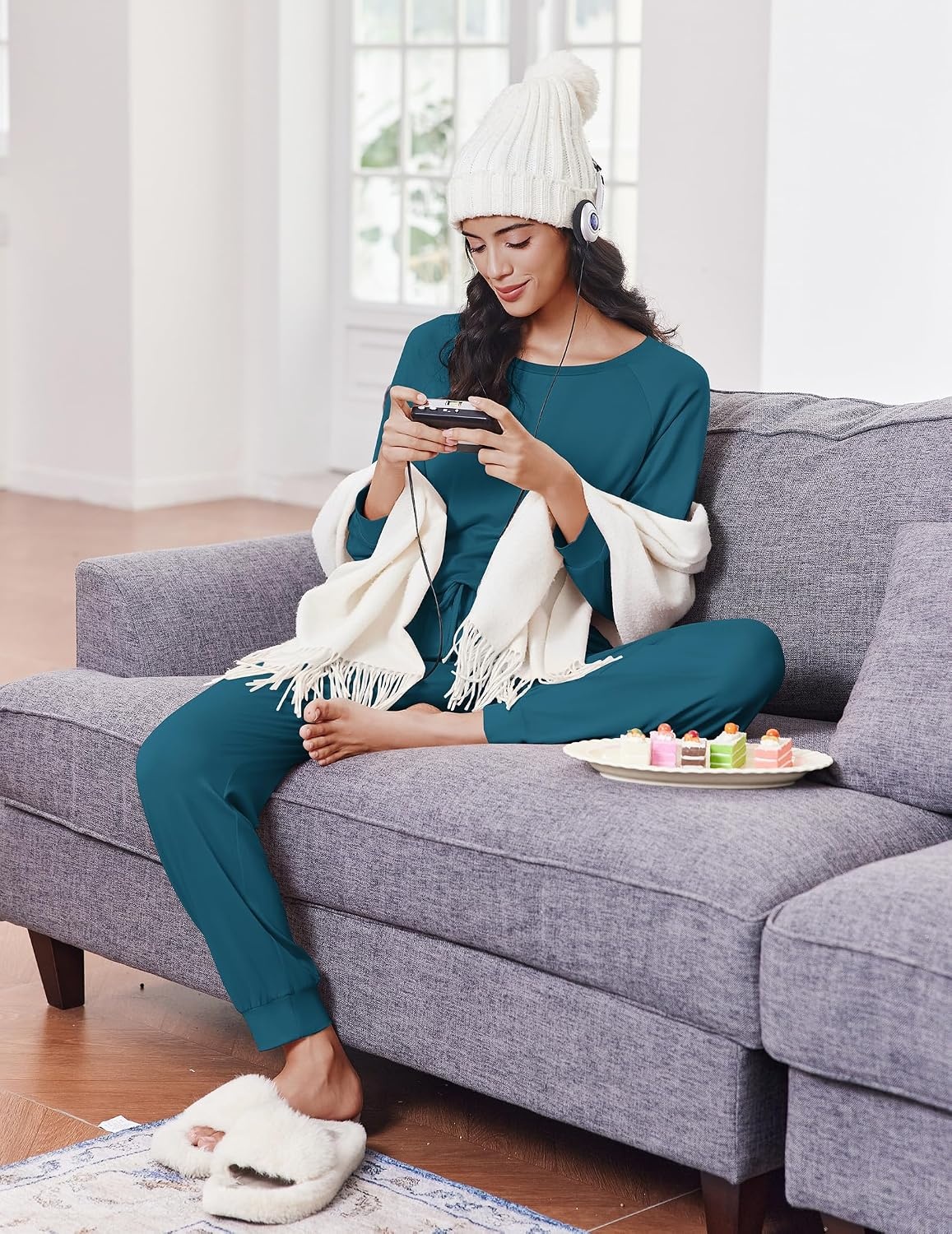 image:imageEkouaer Pajamas for Women Set Soft Lounge Sets 2 Piece Pj Sets with PocketsTeal