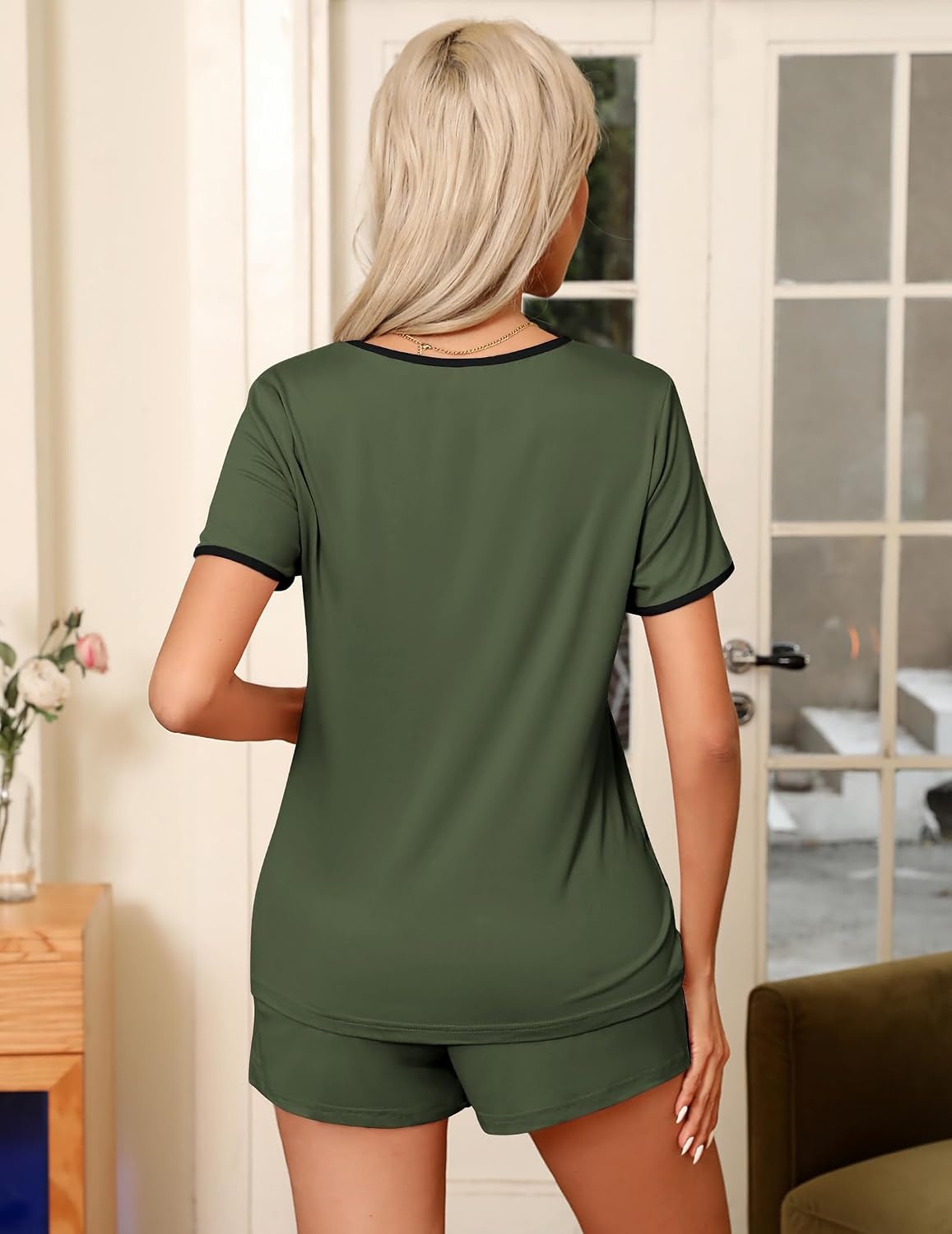 image:imageEkouaer Pajamas for Womens Set 2 Piece Soft Sleepwear Chest PocketArmy Green