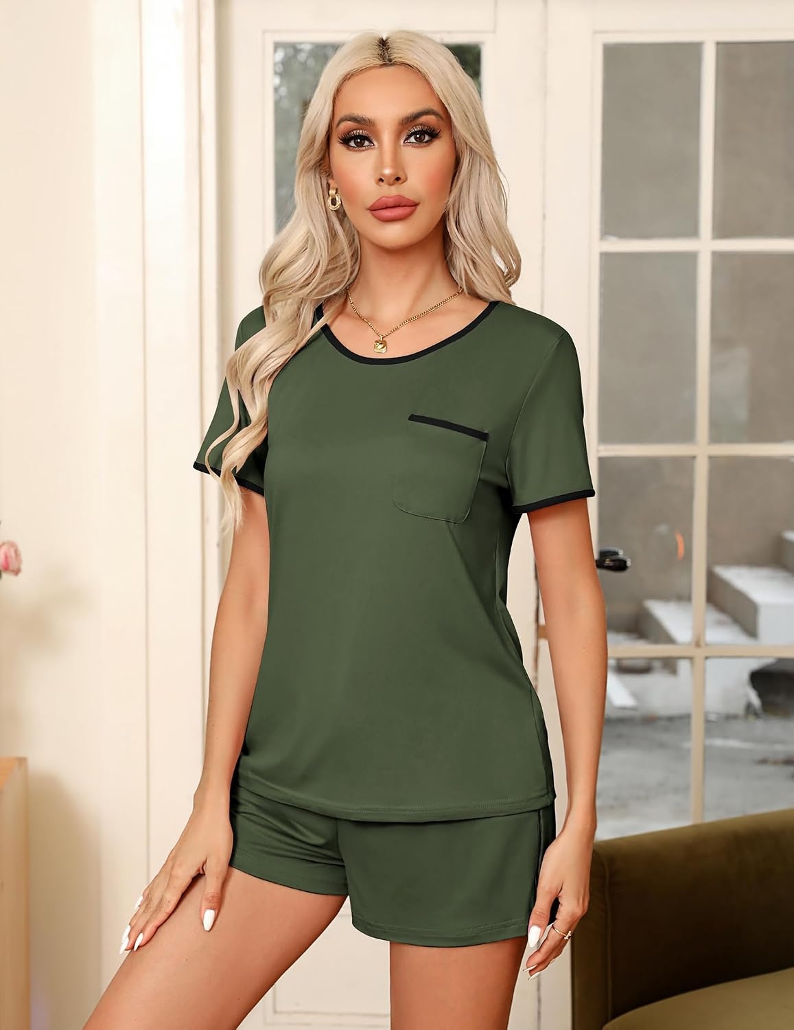 image:imageEkouaer Pajamas for Womens Set 2 Piece Soft Sleepwear Chest PocketArmy Green