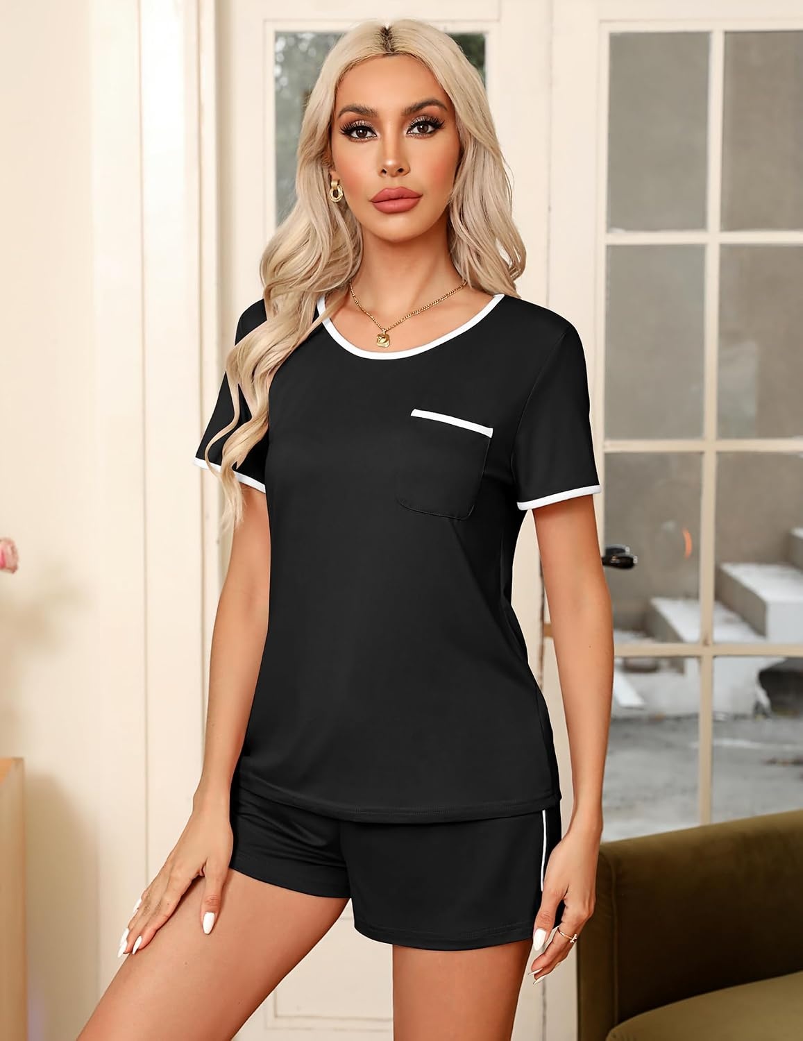 image:imageEkouaer Pajamas for Womens Set 2 Piece Soft Sleepwear Chest PocketBlack
