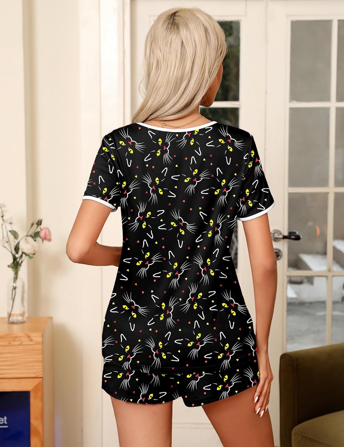 image:imageEkouaer Pajamas for Womens Set 2 Piece Soft Sleepwear Chest PocketBlack Cat1