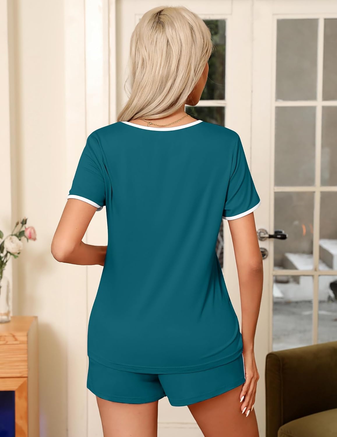 image:imageEkouaer Pajamas for Womens Set 2 Piece Soft Sleepwear Chest PocketBlue Green