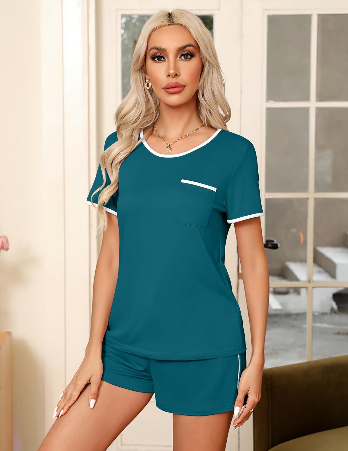 image:imageEkouaer Pajamas for Womens Set 2 Piece Soft Sleepwear Chest PocketBlue Green