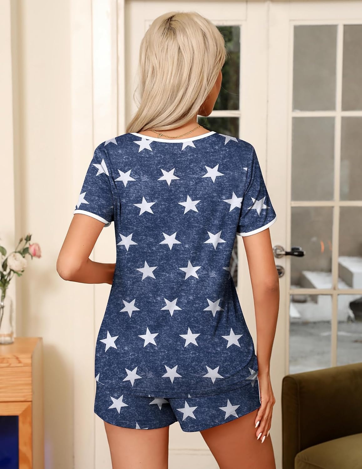 image:imageEkouaer Pajamas for Womens Set 2 Piece Soft Sleepwear Chest PocketBlue Star