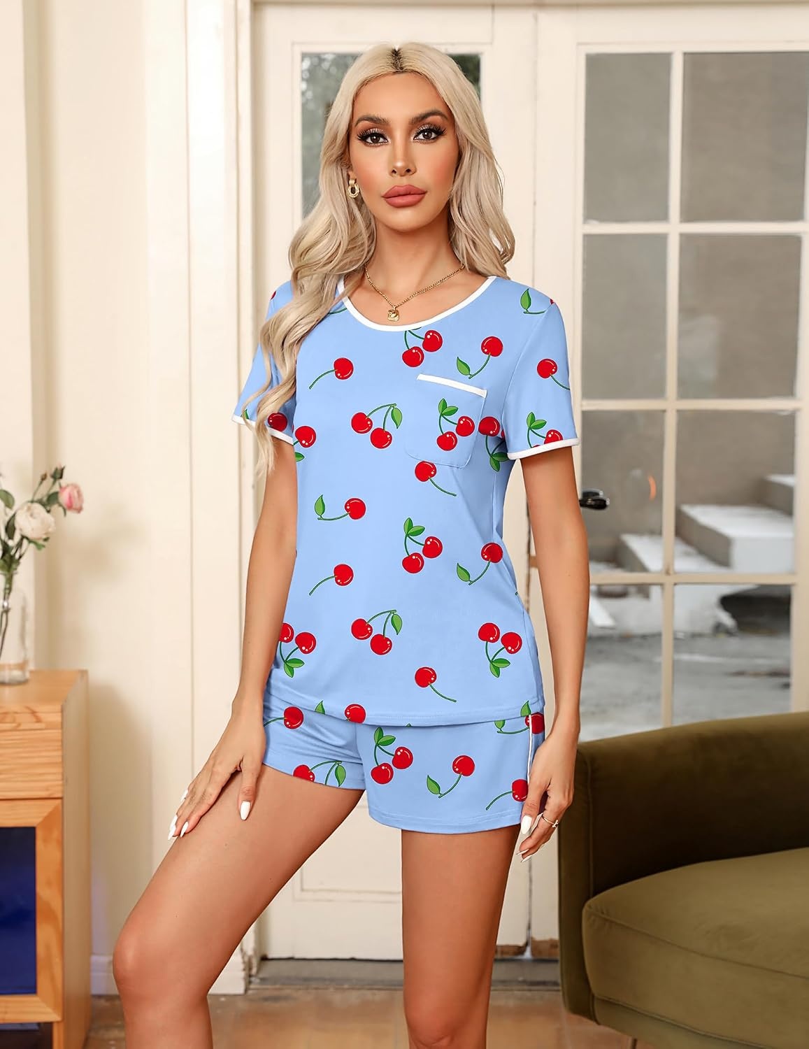 image:imageEkouaer Pajamas for Womens Set 2 Piece Soft Sleepwear Chest PocketBluecherry
