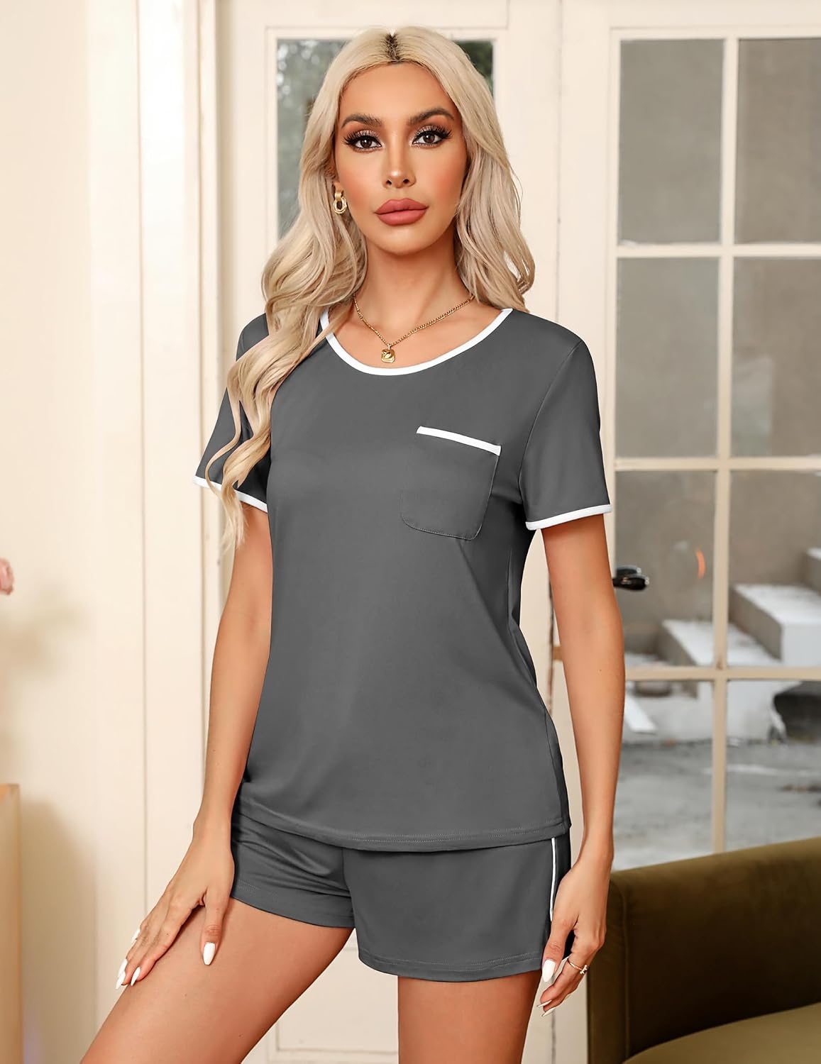 image:imageEkouaer Pajamas for Womens Set 2 Piece Soft Sleepwear Chest PocketDark Gray