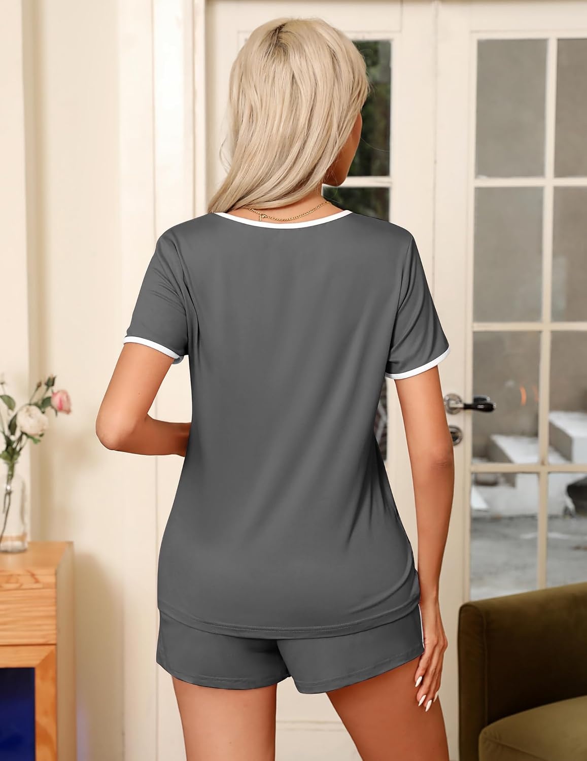 image:imageEkouaer Pajamas for Womens Set 2 Piece Soft Sleepwear Chest PocketDark Gray