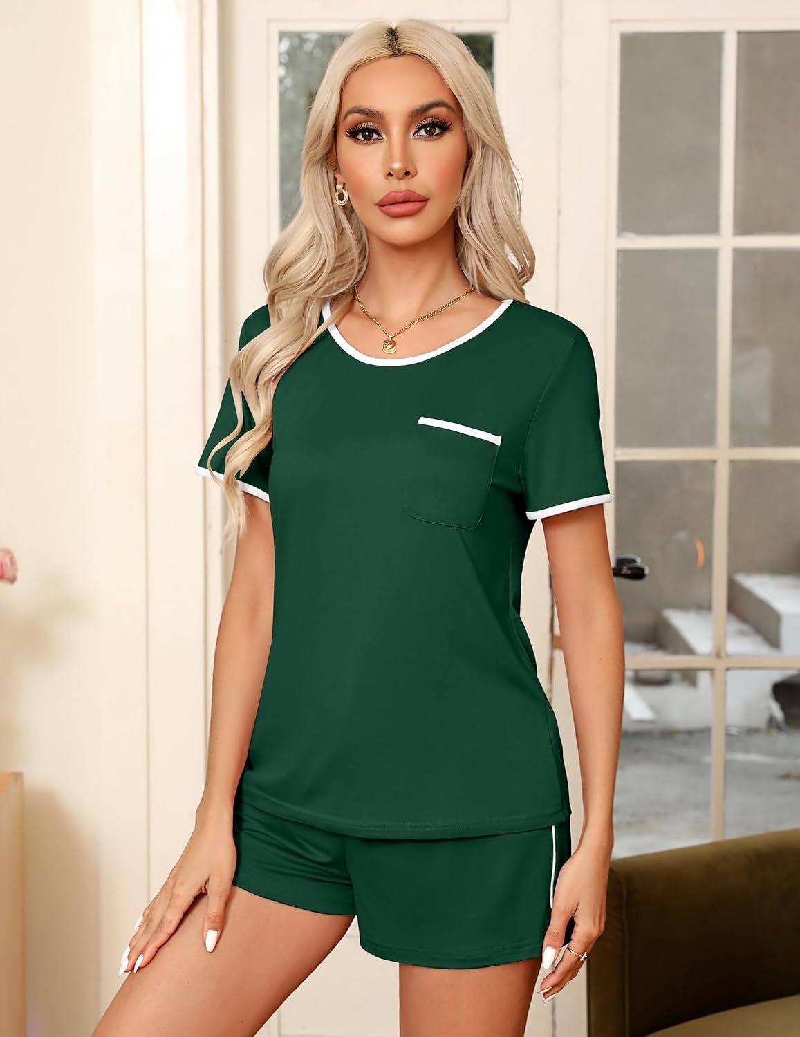 image:imageEkouaer Pajamas for Womens Set 2 Piece Soft Sleepwear Chest PocketDark Green