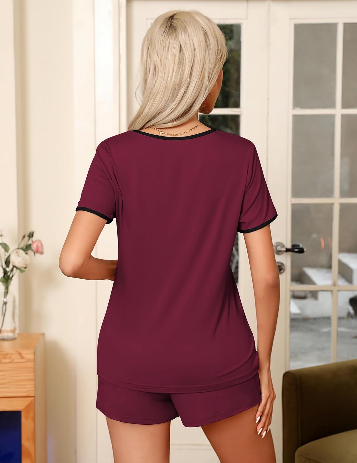 image:imageEkouaer Pajamas for Womens Set 2 Piece Soft Sleepwear Chest PocketDark Red