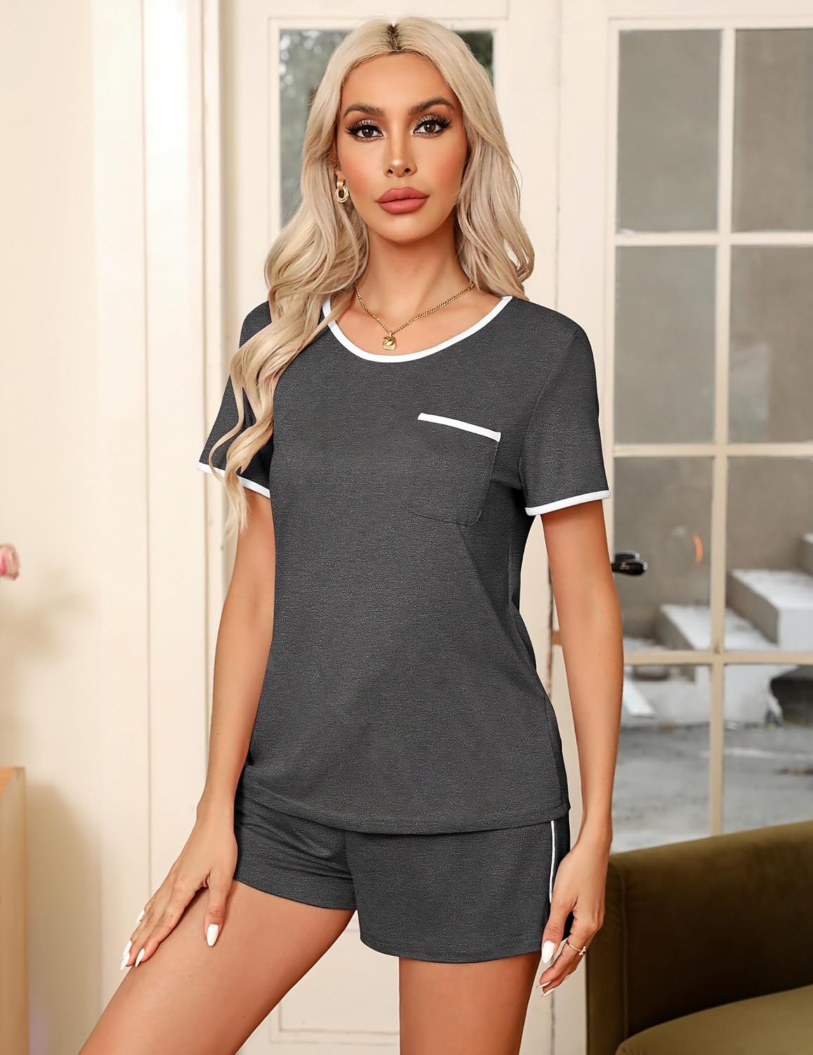 image:imageEkouaer Pajamas for Womens Set 2 Piece Soft Sleepwear Chest PocketGrey