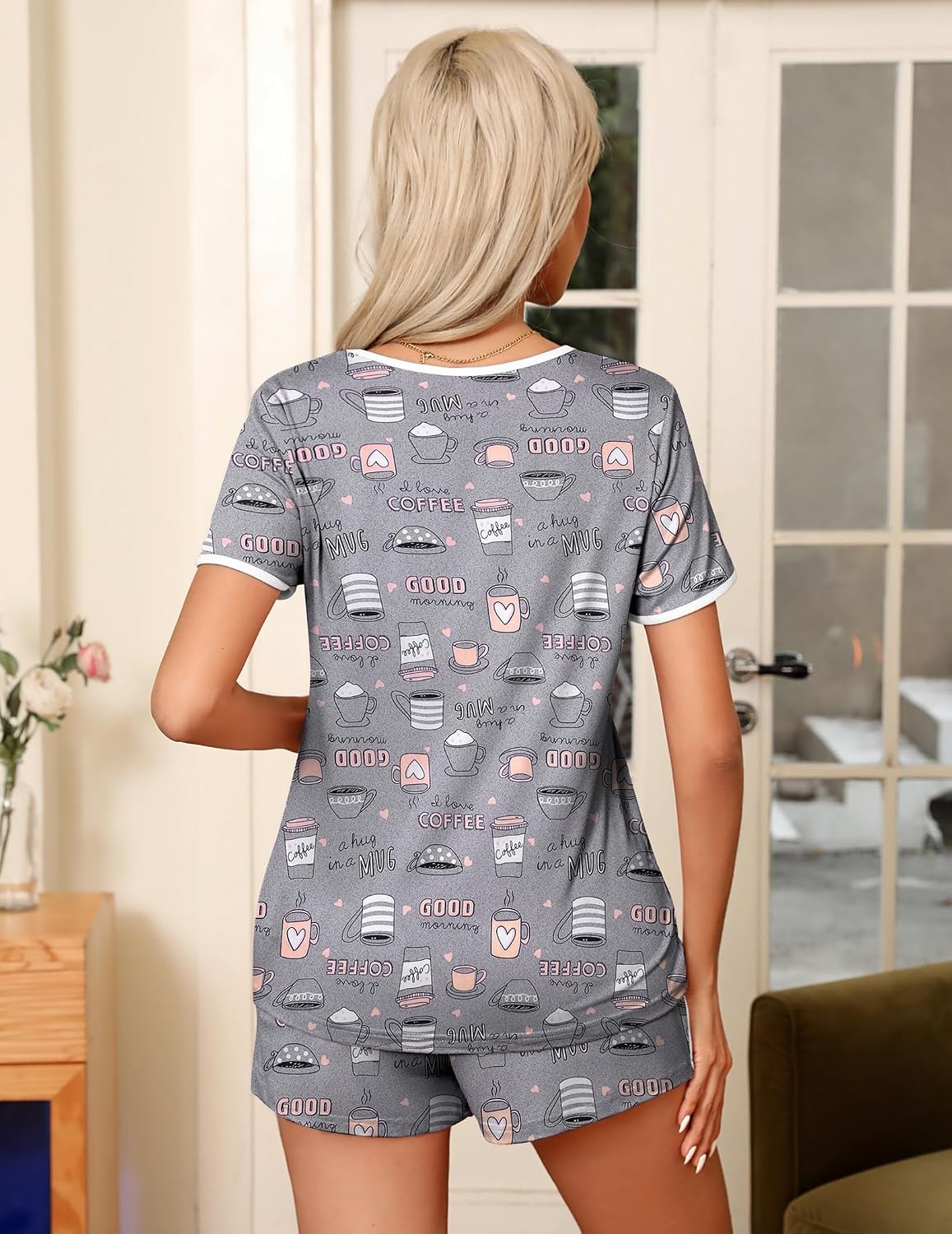 image:imageEkouaer Pajamas for Womens Set 2 Piece Soft Sleepwear Chest PocketGrey Coffee