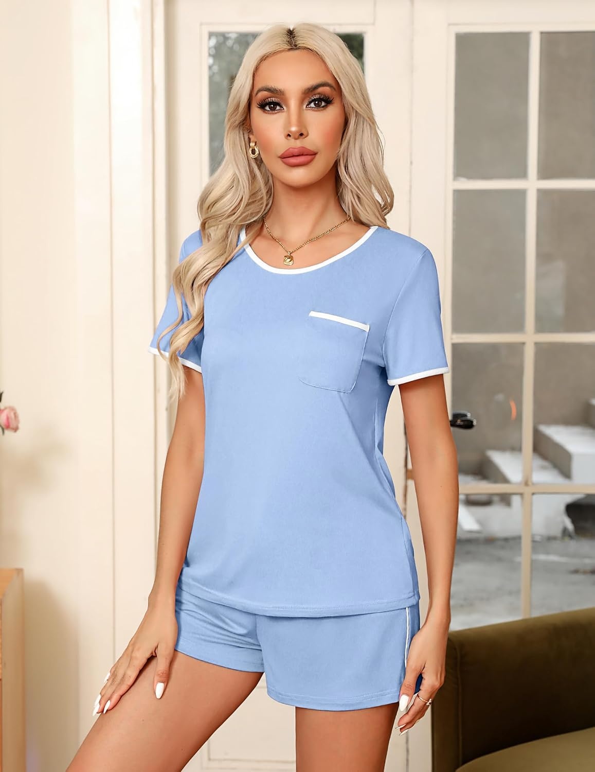 image:imageEkouaer Pajamas for Womens Set 2 Piece Soft Sleepwear Chest PocketLight Blue