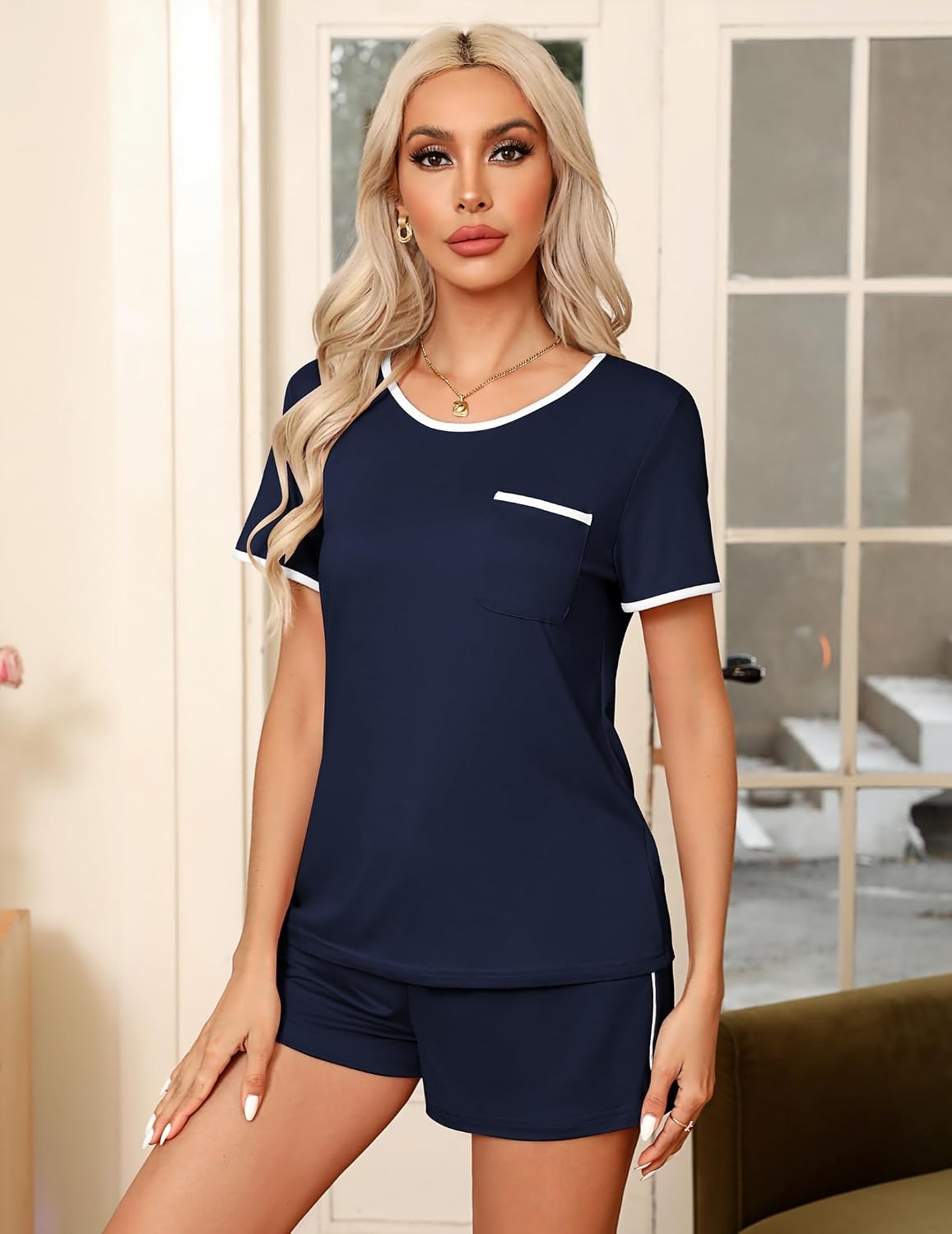 image:imageEkouaer Pajamas for Womens Set 2 Piece Soft Sleepwear Chest PocketNavy Blue