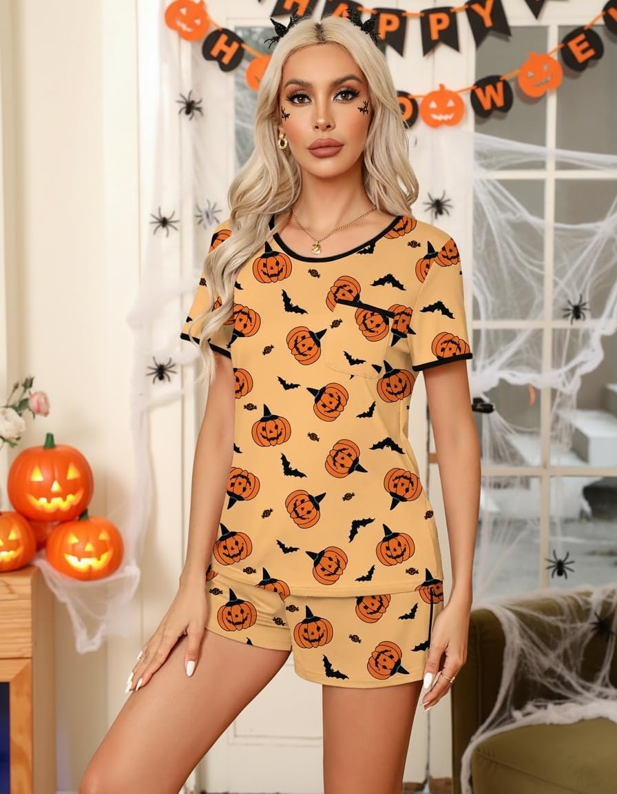 image:imageEkouaer Pajamas for Womens Set 2 Piece Soft Sleepwear Chest PocketOrange Pumpkinhalloween