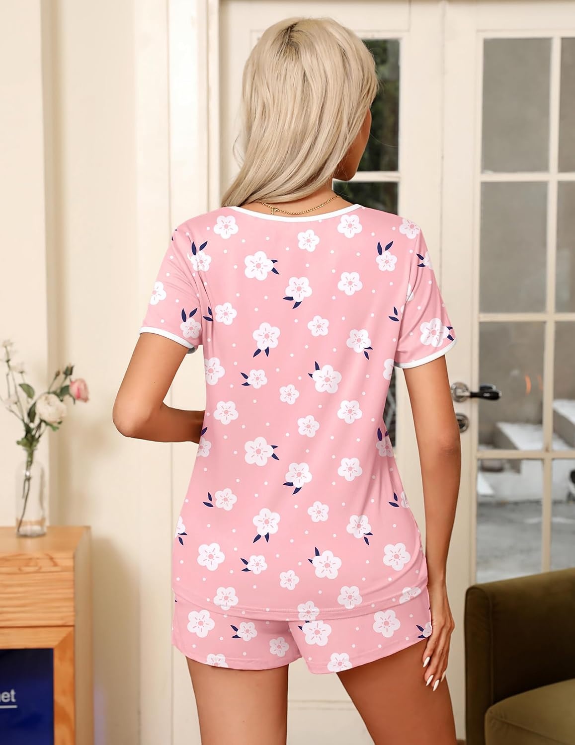 image:imageEkouaer Pajamas for Womens Set 2 Piece Soft Sleepwear Chest PocketPinkwhite Flower