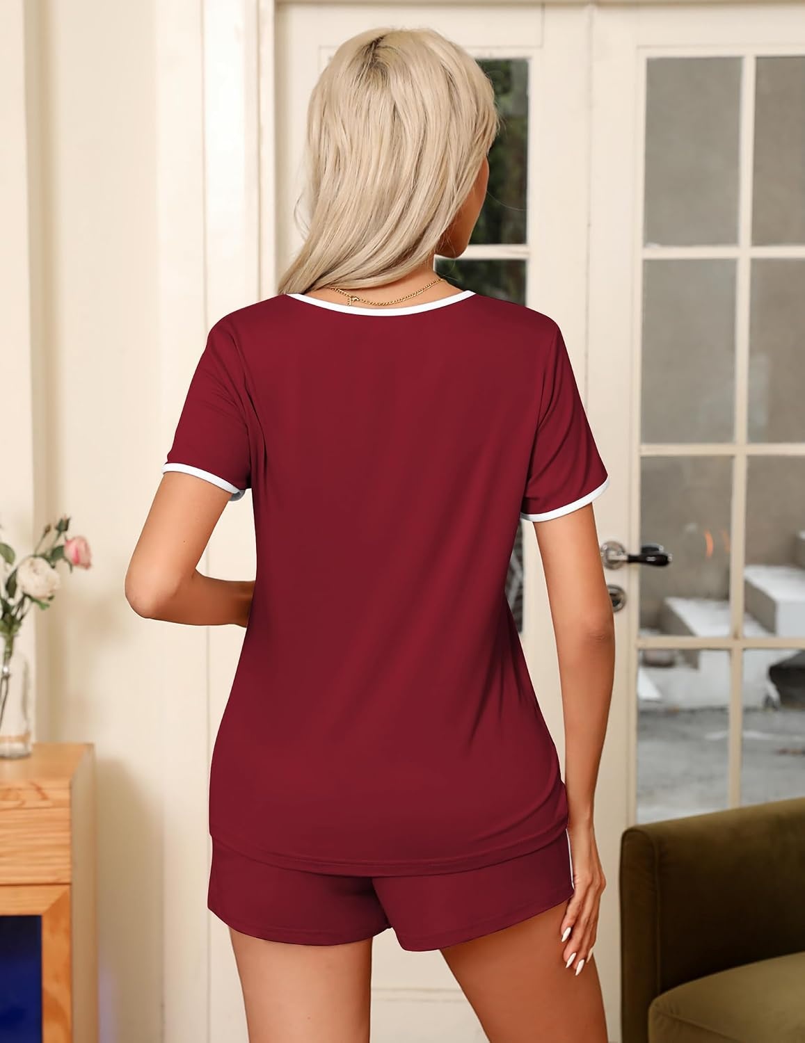 image:imageEkouaer Pajamas for Womens Set 2 Piece Soft Sleepwear Chest PocketWine Red