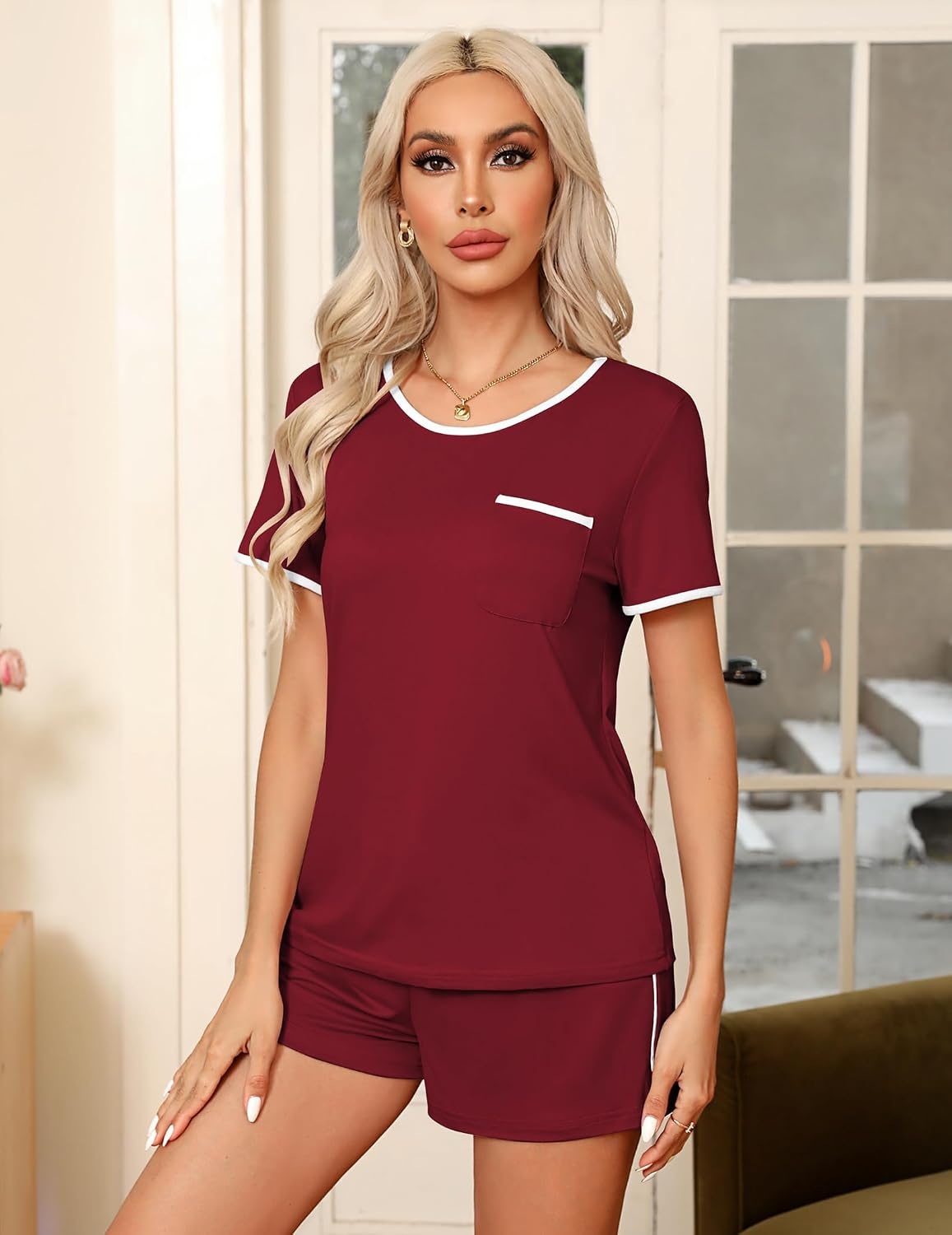 image:imageEkouaer Pajamas for Womens Set 2 Piece Soft Sleepwear Chest PocketWine Red