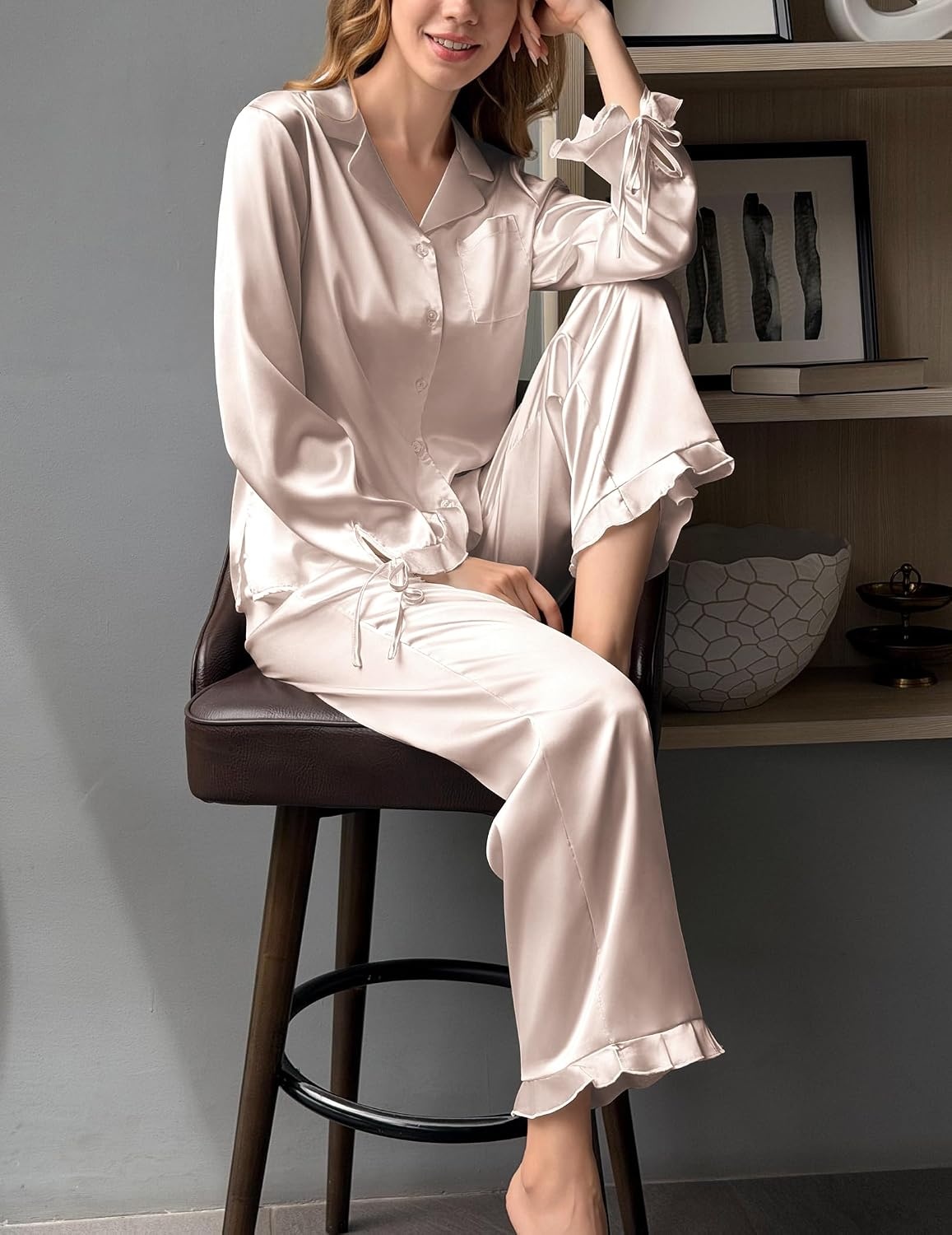 image:imageEkouaer Satin Pajamas for Women Silky Long Sleeve Button Down Pajama SetsChampagne