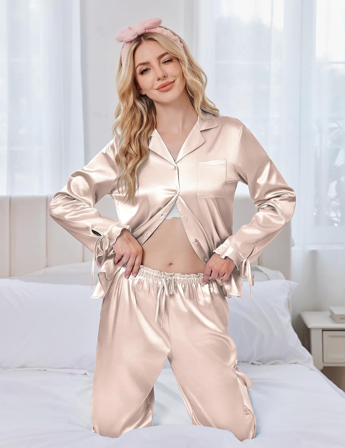image:imageEkouaer Satin Pajamas for Women Silky Long Sleeve Button Down Pajama SetsChampagne