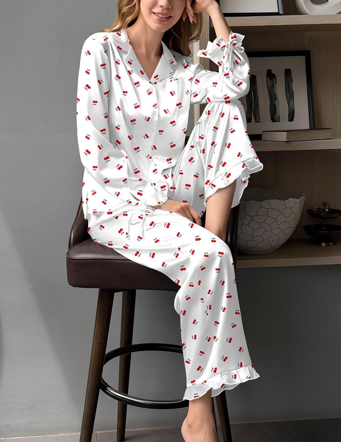 image:imageEkouaer Satin Pajamas for Women Silky Long Sleeve Button Down Pajama SetsCherry
