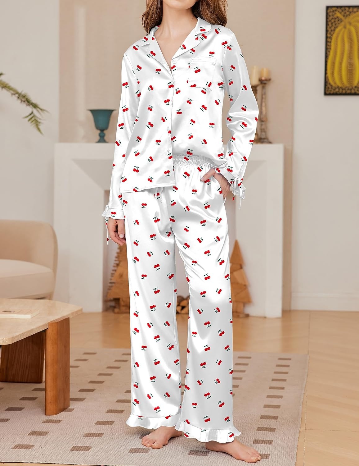 image:imageEkouaer Satin Pajamas for Women Silky Long Sleeve Button Down Pajama SetsCherry