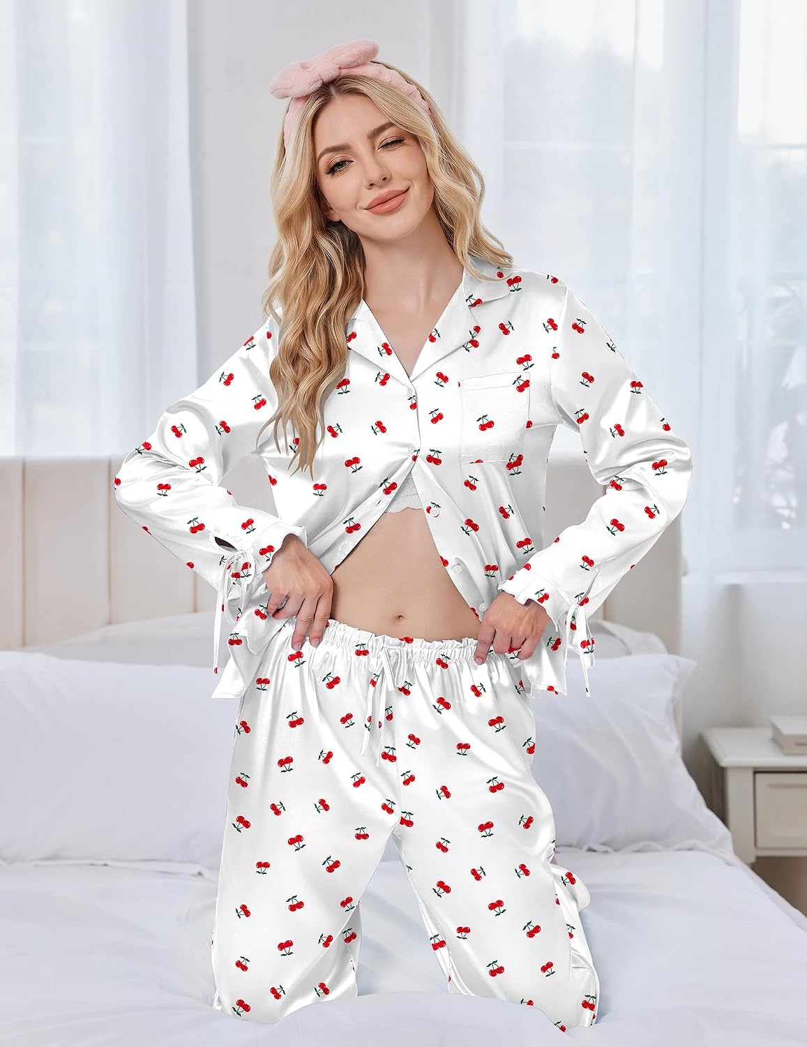image:imageEkouaer Satin Pajamas for Women Silky Long Sleeve Button Down Pajama SetsCherry