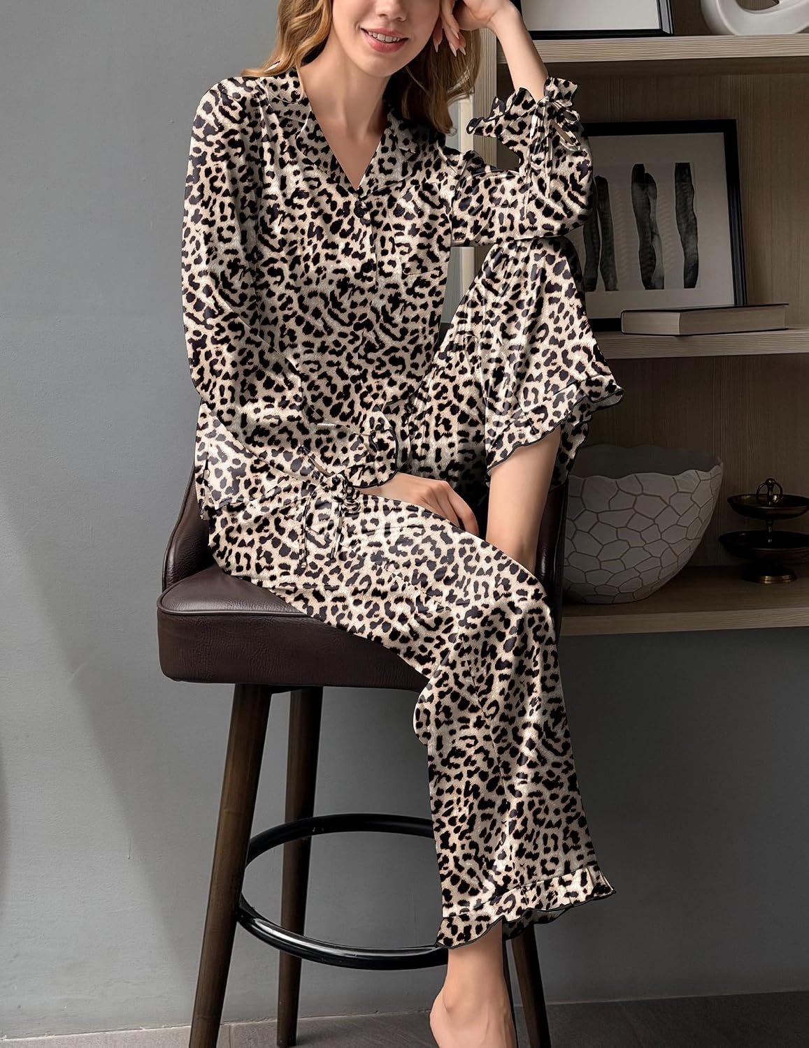 image:imageEkouaer Satin Pajamas for Women Silky Long Sleeve Button Down Pajama SetsLeopard