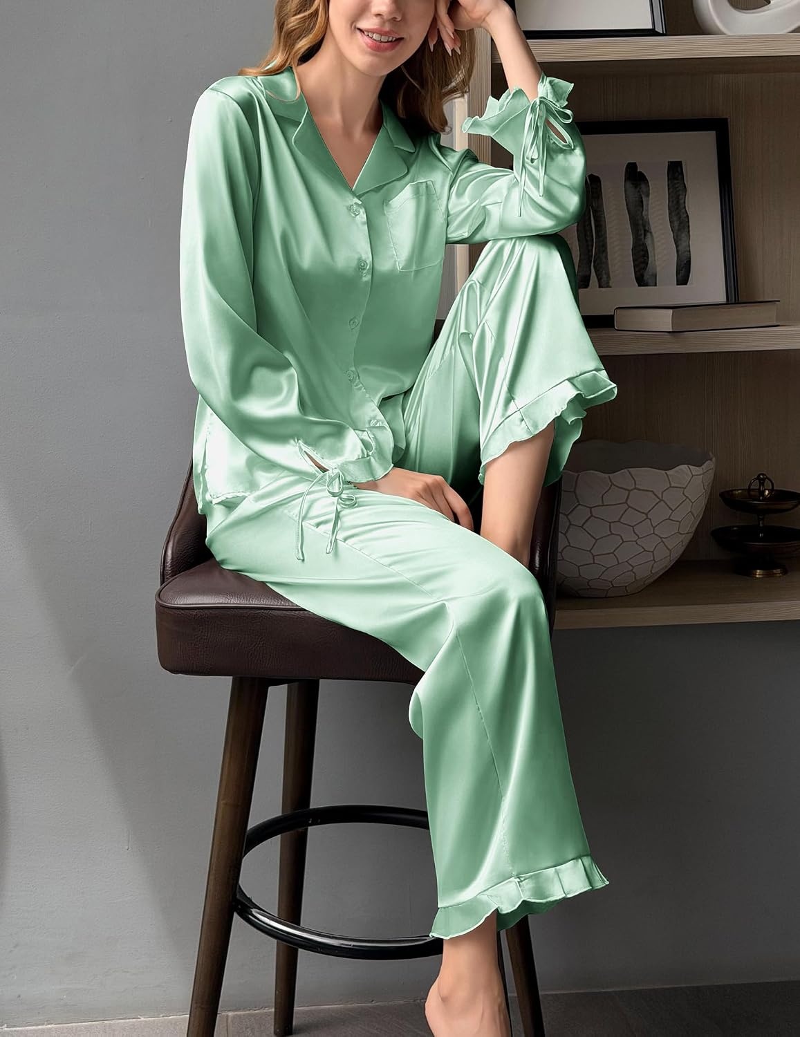 image:imageEkouaer Satin Pajamas for Women Silky Long Sleeve Button Down Pajama SetsLight Green