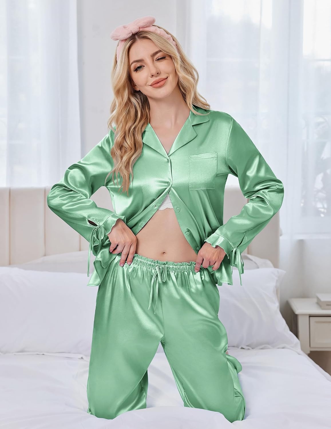 image:imageEkouaer Satin Pajamas for Women Silky Long Sleeve Button Down Pajama SetsLight Green