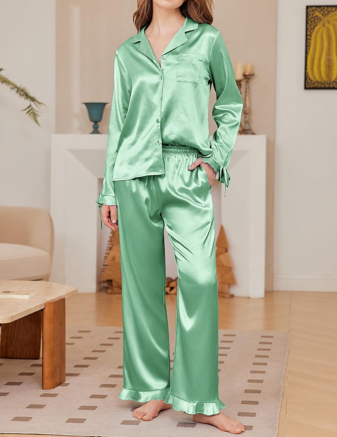 image:imageEkouaer Satin Pajamas for Women Silky Long Sleeve Button Down Pajama SetsLight Green