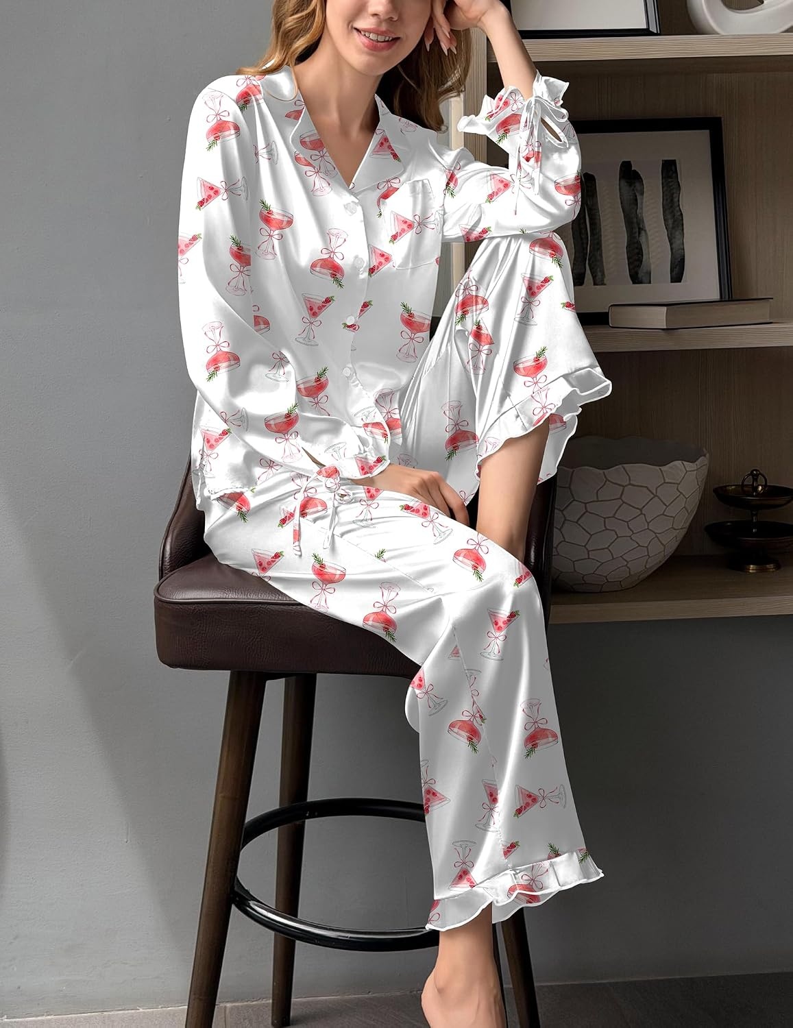 image:imageEkouaer Satin Pajamas for Women Silky Long Sleeve Button Down Pajama SetsRaspberry Juice