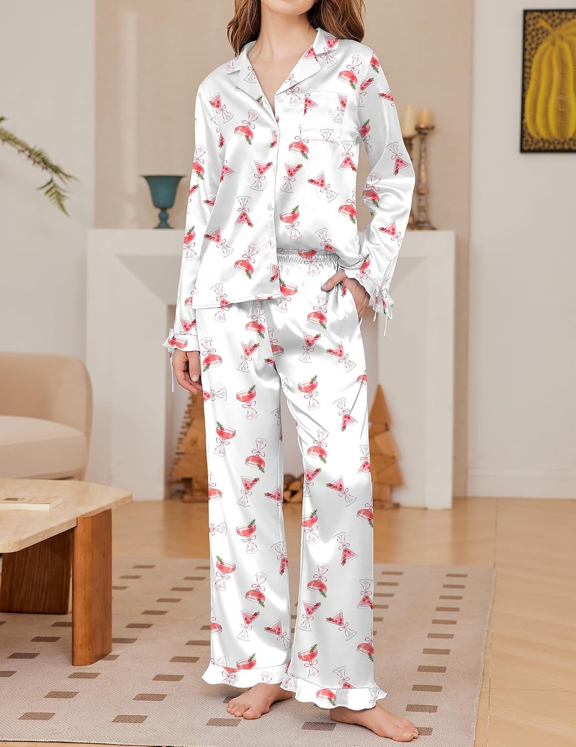 image:imageEkouaer Satin Pajamas for Women Silky Long Sleeve Button Down Pajama SetsRaspberry Juice